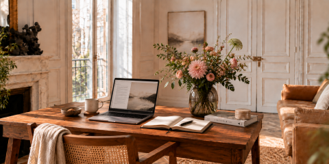 Bureau, franse ruimte, laptop, bloemen